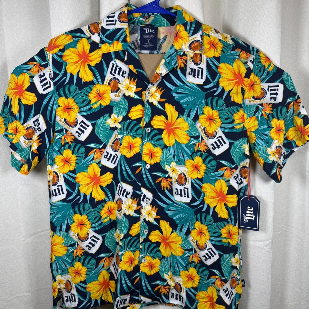 Miller Lite Tropical Cans Haw. Shirt Sleeve Button Front Size S